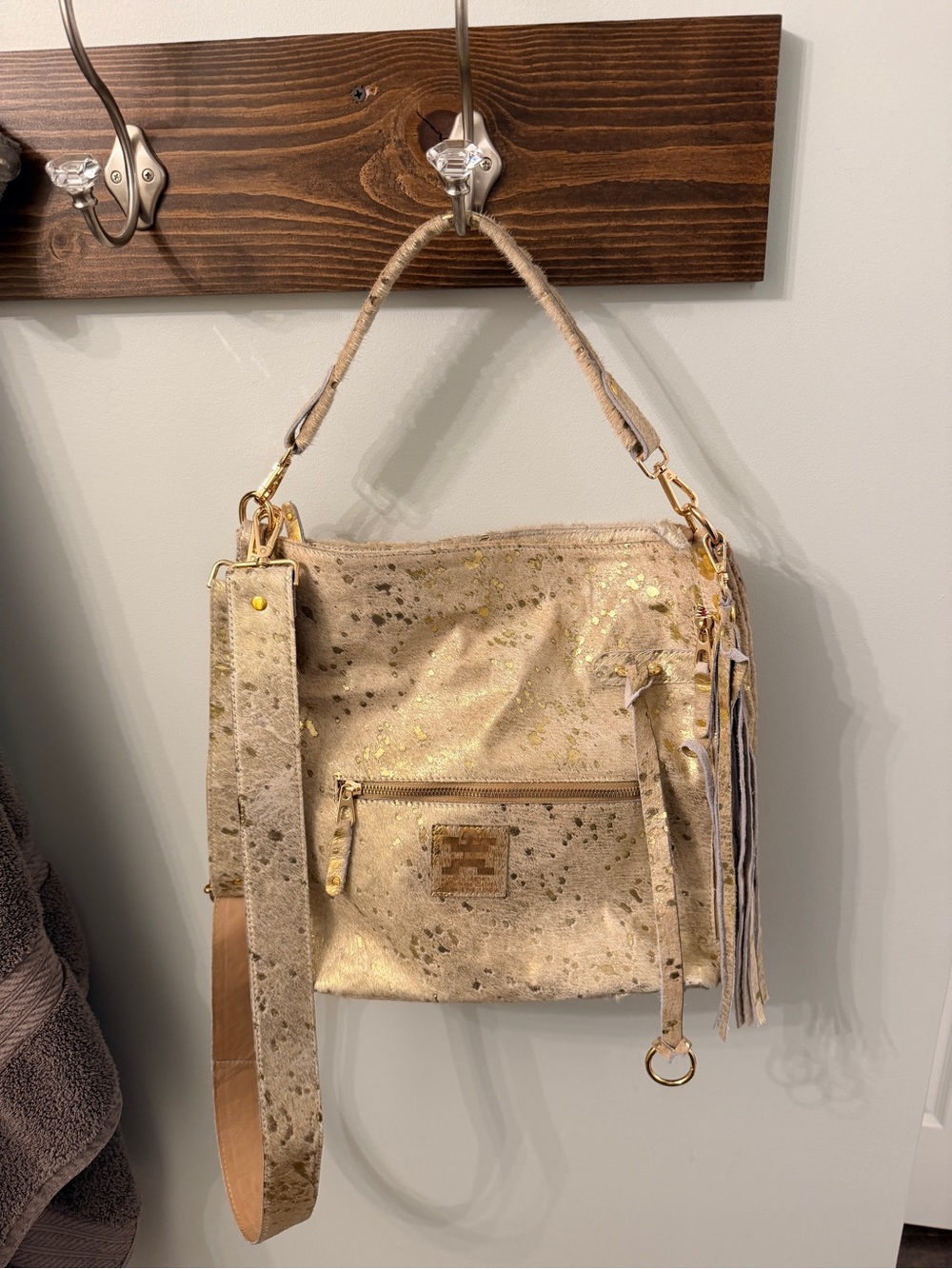 Monaquita Crossbody Metallic Beige Gold Shoulder Bag with Tassel Accent